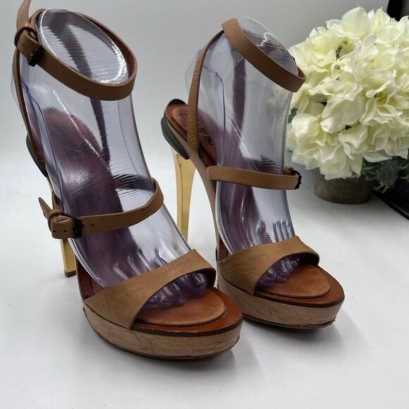Lanvin 2012 ETE "Opanca" Tan Buckle Strap Gold Wood Platform Stilettos 39/8-8.5 - Picture 1 of 12